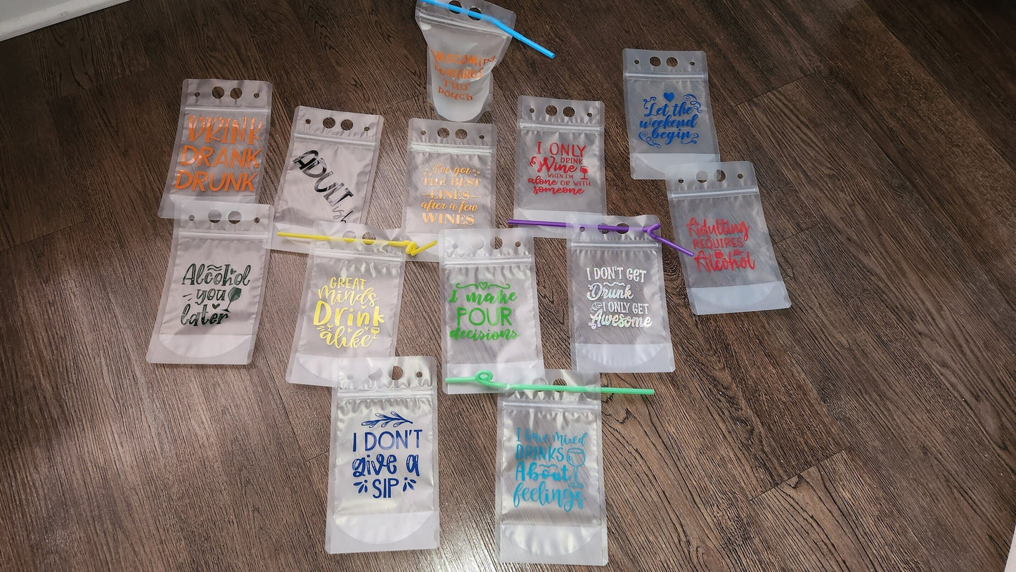 Drink Pouches; Drink, Sip, On the Go, Adult Beverage, Trip Fun, with a Straw